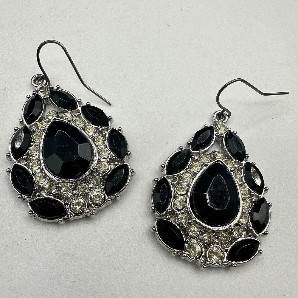 Black Teardrop Rhinestone Chandelier Earrings Silver Tone Glam Y2K